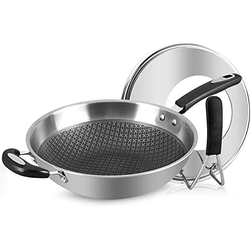 NOBLJX Woks De Acero Inoxidable, Sartenes Salteados De Inducción Antiadherentes con Asa Y Tapa Auxiliar, Diámetro De 32 Cm, Utensilios De Cocina Profesionales Multipropósito para Su Hogar