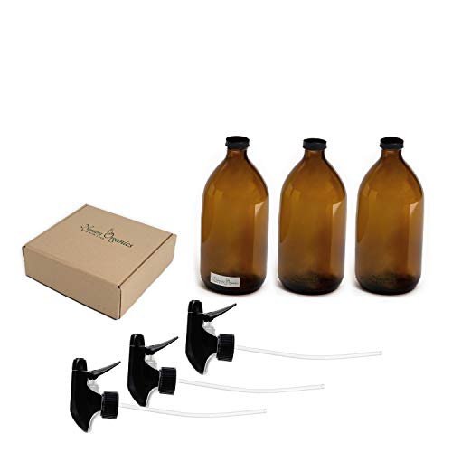 Nomara Organics® Botellas de cristal ámbar en espray 3 x 500 ml, en caja con pajita.Para regalo/cocina/baño/de limpieza, lavandería