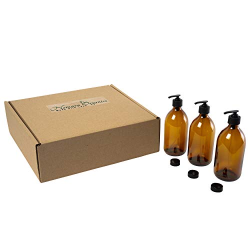 Nomara Organics® Juego de dispensadores de jabón, 3 x 300 ml de vidrio ámbar. En caja de paja, sin BPA, con bloqueo, tapas, reutilizable, organizador de baño, cosméticos