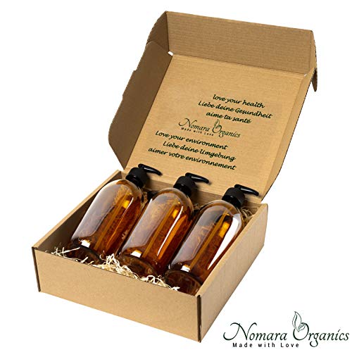 Nomara Organics® Juego de dispensadores de jabón, 3 x 300 ml de vidrio ámbar. En caja de paja, sin BPA, con bloqueo, tapas, reutilizable, organizador de baño, cosméticos