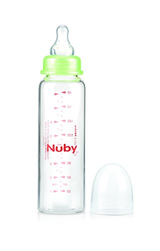 Nuby ID1179 - Biberón de cristal con tetina de silicona de flujo medio, 3+m, 240 ml