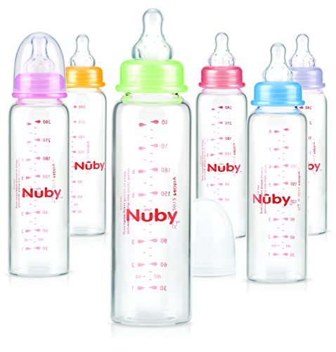 Nuby ID1179 - Biberón de cristal con tetina de silicona de flujo medio, 3+m, 240 ml