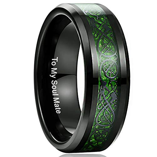 NUNCAD Anillo Hombre Mujer Unisexo con el patrón del dragón Tungsteno Acuerdo Cumpleaños Roja Azul Verde Negro 8mm Talla (17.5)