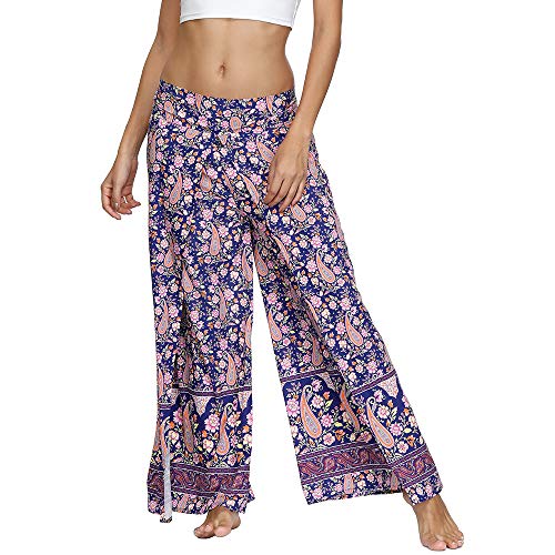 Nuofengkudu Mujer Hippie Largo Pantalones Dividir Pata Ancha Flores Estampados Sueltos Elegantes Comodos Thai Yoga Pants Verano Playa Vacaciones(Azul Floral,S/M)