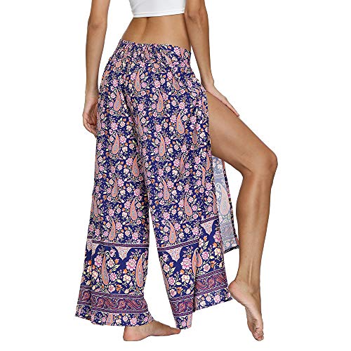 Nuofengkudu Mujer Hippie Largo Pantalones Dividir Pata Ancha Flores Estampados Sueltos Elegantes Comodos Thai Yoga Pants Verano Playa Vacaciones(Azul Floral,S/M)