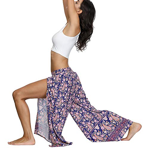 Nuofengkudu Mujer Hippie Largo Pantalones Dividir Pata Ancha Flores Estampados Sueltos Elegantes Comodos Thai Yoga Pants Verano Playa Vacaciones(Azul Floral,S/M)