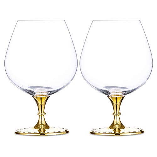 Nuptio Copas de Cristal de Coñac y Brandy Conjunto de 2 -Hecho a Mano Grande - Vidrio 100% Sin Plomo - Ideal para Bebidas Espirituosas, Borbón, Vino, 21.2 oz, Oro