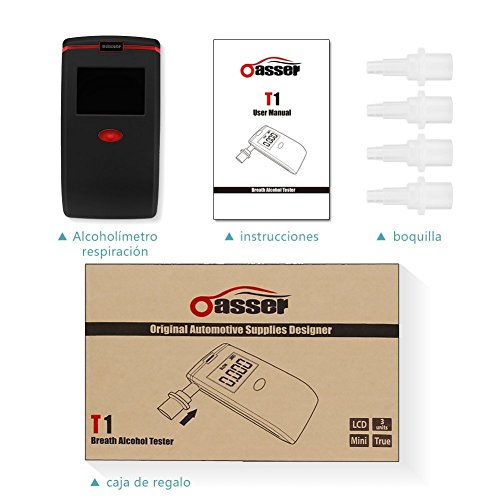 oasser Alcoholímetro Respiratorio Digital Portátil con Pantalla LCD Incluye 4 Boquillas Desechables Semi-Conductor de la Tecnología de Sensor (Negro)