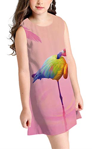 Ocean Plus Niña Verano Casual Vendimia Vestidos Sin Mangas Flamenco Patrón Lindo Impreso Rodilla Larga Gatito Tramo Partido Dress (S (Altura: 135-145 cm), Flamenco de Colores)