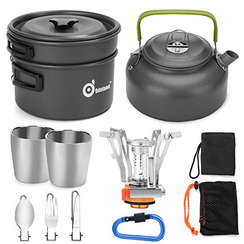 Odoland Kit de Utensilios Cocina Camping con Ollas y Sartén de Aluminio Mini Estufa Hervidor Tazas Cubiertos Plegable para Acampada, Cacerolas de Acampada de Camping y Viaje