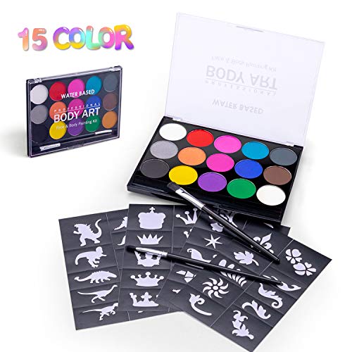 Omew Pintura Cara Niños Pinturas al Agua ,Pintura Facial para Disfraces, Maquillaje Color Kit de Pintura Facial Corporal, Niños y Adultos, Face Paint Paleta de 15 Colores, 2 Pinceles