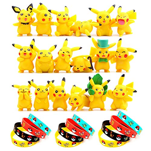 OMG Funmo - Pokemon Pikachu Figuras Pack(30 Piezas), Pokemon Pikachu Monster Mini Figure(18 Piezas) + Pokemon Pulsera de Silicona(12 Piezas)，Fiesta para niños y Adultos