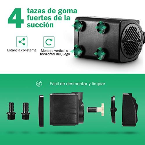 OMORC Bomba de Agua Sumergible con Filtro y 2 Boquillas AC220-240V Bomba de Agua Limpiable, Desmontable, para Acuario, Estanque, Pecera, Hidropónico de Bomba de Agua, Silenciosa. (1500L/H)