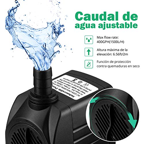 OMORC Bomba de Agua Sumergible con Filtro y 2 Boquillas AC220-240V Bomba de Agua Limpiable, Desmontable, para Acuario, Estanque, Pecera, Hidropónico de Bomba de Agua, Silenciosa. (1500L/H)