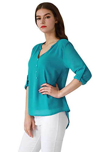 OMZIN Mujeres Corte Cuello en V Manga 3/4 Casual Blusa Gasa Suelta Tops (S-3XL) Cielo Azul XL