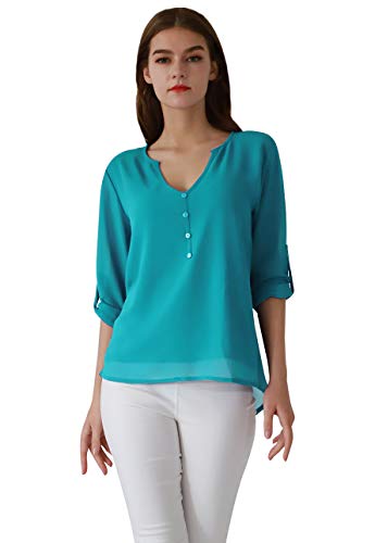 OMZIN Mujeres Corte Cuello en V Manga 3/4 Casual Blusa Gasa Suelta Tops (S-3XL) Cielo Azul XL