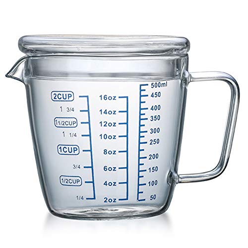 OnePine 500ml Taza de medición de Cristal con Tapa, Jarra medidora Vidrio para la Cocina