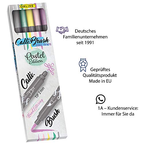 Online Calli.Brus, Juego de 5 rotuladores para escritura a mano, juego de caligrafía, pluma con punta de caligrafía y punta de pincel para bullet Journaling, acuarelas, color pastel