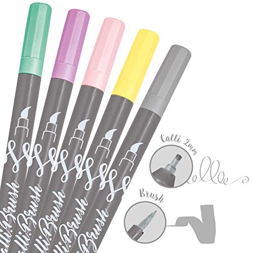 Online Calli.Brus, Juego de 5 rotuladores para escritura a mano, juego de caligrafía, pluma con punta de caligrafía y punta de pincel para bullet Journaling, acuarelas, color pastel