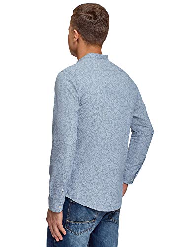 oodji Ultra Hombre Camisa Estampada con Cuello Mao, Azul, 46-48