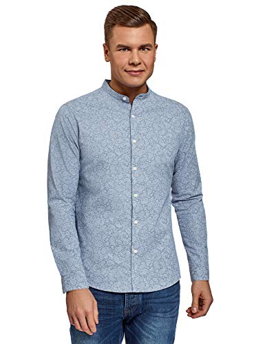 oodji Ultra Hombre Camisa Estampada con Cuello Mao, Azul, 46-48