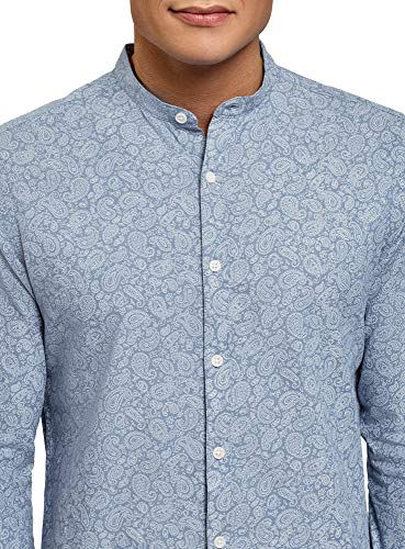 oodji Ultra Hombre Camisa Estampada con Cuello Mao, Azul, 46-48