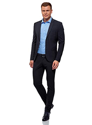 oodji Ultra Hombre Pantalones Ajustados con Pinzas, Azul, 44