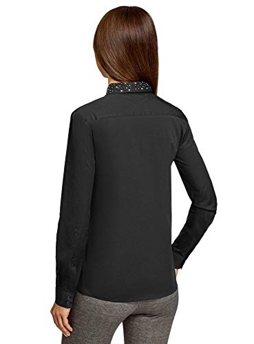 oodji Ultra Mujer Camisa de Algodón con Decoración en el Cuello, Negro, ES 38 / S