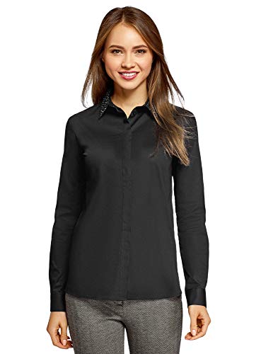 oodji Ultra Mujer Camisa de Algodón con Decoración en el Cuello, Negro, ES 38 / S