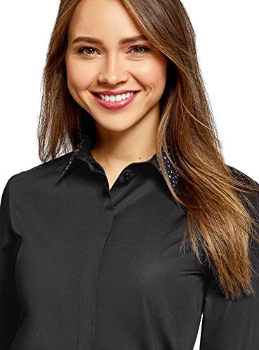 oodji Ultra Mujer Camisa de Algodón con Decoración en el Cuello, Negro, ES 38 / S