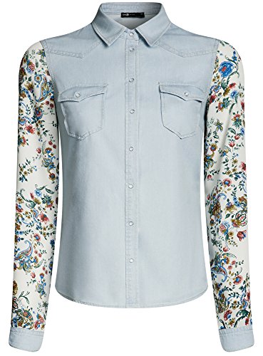 oodji Ultra Mujer Camisa Vaquera Combinada, Azul, ES 38 / S