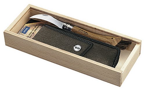 Opinel-Pilzmesser, rostfreier Sandvik-Stahl, Eichenholz, Wildschweinborsten, Segeltuch-Etui, Holzbox