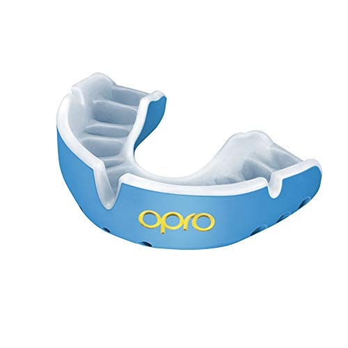 OPRO Protector Bucal Self-Fit Gold - Protector bucal - para Rugby, Hockey, Lacrosse, fútbol Americano, Baloncesto y más - Fabricado en Reino Unido (Azul Cielo/Perla, Junior)