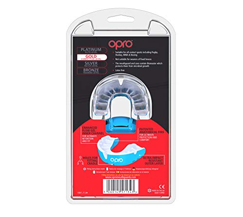 OPRO Protector Bucal Self-Fit Gold - Protector bucal - para Rugby, Hockey, Lacrosse, fútbol Americano, Baloncesto y más - Fabricado en Reino Unido (Azul Cielo/Perla, Junior)