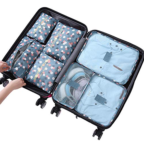 Organizador de Equipaje，LOSMILE 7 en 1 Set Impermeable Organizadores de Viaje para Maletas，3 Cubos de Embalaje +3 Bolsas de Almacenamiento+1 Saco de Zapatos.(Azul-Flor)