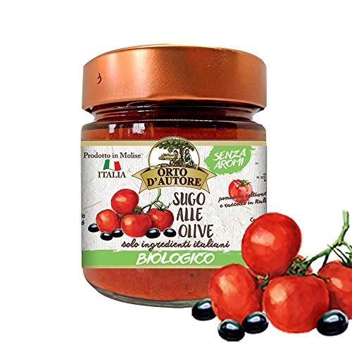 ORTO D'AUTORE Salsa de Tomate y Aceitunas BIO 3 X 180 gr, Salsa Lista Artesanales 100% Vegetales, Salsa de Aceitunas 100% Italianos con Ingredientes Natural y sin Aromas, Tarro de 2 Porciones