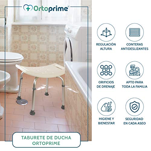 OrtoPrime Taburete de Ducha Antideslizante - Asiento de Baño Ortopédico Regulable en Altura 8 Posiciones - Taburete Baño para Adultos y Niños - Banqueta Ducha