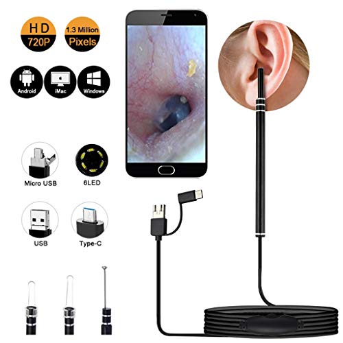 Otoscopio Camara Oído de la cámara endoscopio, 3-en-1 mini USB de alta definición visual del oído Remoción Cuchara endoscopio oído Selector de cera de oído de la oreja a prueba de agua la cámara de la