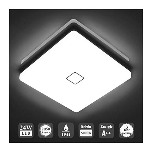 Öuesen LED 24W lámpara de techo resistente al agua moderna LED luz de techo Cuadrado delgada 2050lm Blanco frío 5000K para baño Dormitorio Cocina Sala de estar Comedor Balcón Pasillo