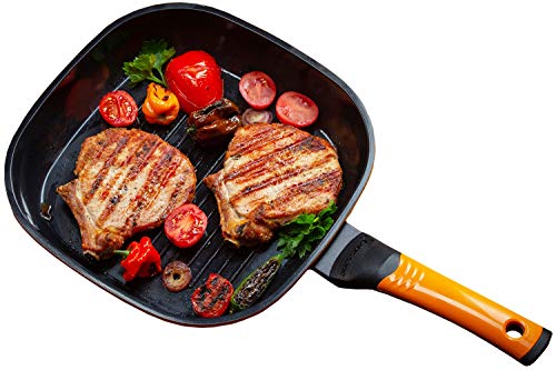 Oursson Sartén Grill de aluminio fundido con Recubrimiento Cerámico 26 x 26 cm, Rectangular, Antiadherente , Color naranja, PF2652C/OR