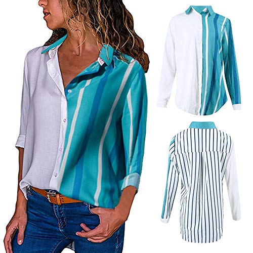 Overdose Blusa para Mujer OtoñO Primavera Nueva Mejor Venta De Moda Casual De Manga Larga Color Block Stripe Button Camisetas Tops (M, A-Multicolor-5)