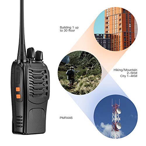 OWSOO Walkie Talkie Profesional Recargable PMR446 Walkis 1500mah CTCSS DCS 6KM Radiocomunicación con Linterna LED y Auriculares (2 PCS) para Construccion/Aventuras