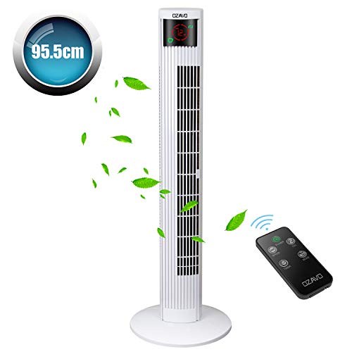 OZAVO Ventilador de Torre Silencioso con Mando a Distancia | 45W 95.5CM | Oscilación de 70° | 3 Velocidades | 3 Modos | 12H Temporizador | Led Pantalla | Panel Táctil Ventilador de Pie Blanco