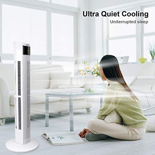 OZAVO Ventilador de Torre Silencioso con Mando a Distancia | 45W 95.5CM | Oscilación de 70° | 3 Velocidades | 3 Modos | 12H Temporizador | Led Pantalla | Panel Táctil Ventilador de Pie Blanco