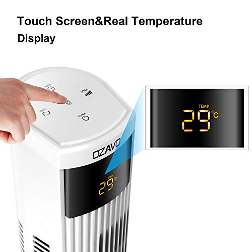 OZAVO Ventilador de Torre Silencioso con Mando a Distancia | 45W 95.5CM | Oscilación de 70° | 3 Velocidades | 3 Modos | 12H Temporizador | Led Pantalla | Panel Táctil Ventilador de Pie Blanco