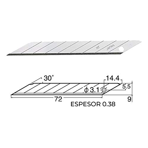 PACK 50 Cuchillas Biseladas 9 MM Angulo 30º Grados - Hojas Recambios para Cuter Estrecho NT CUTTER BD-100