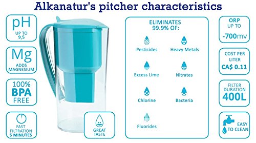 Pack Alkanatur para alcalinizar, depurar e ionizar agua. pH hasta 9,5. ORP - 700mV. Libre de Bisphenol A. Duración filtros 1600 L.