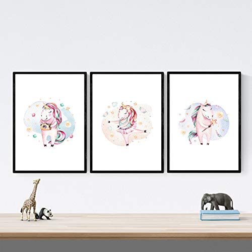 Pack de Tres láminas con Ilustraciones de Animales. Posters con imágenes Infantiles de Animales. Unicornio bailnado Unicornio Hada y Unicornio fotografo. Tamaño A3 con Marco…