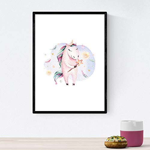 Pack de Tres láminas con Ilustraciones de Animales. Posters con imágenes Infantiles de Animales. Unicornio bailnado Unicornio Hada y Unicornio fotografo. Tamaño A3 con Marco…