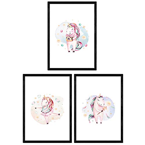 Pack de Tres láminas con Ilustraciones de Animales. Posters con imágenes Infantiles de Animales. Unicornio bailnado Unicornio Hada y Unicornio fotografo. Tamaño A3 con Marco…